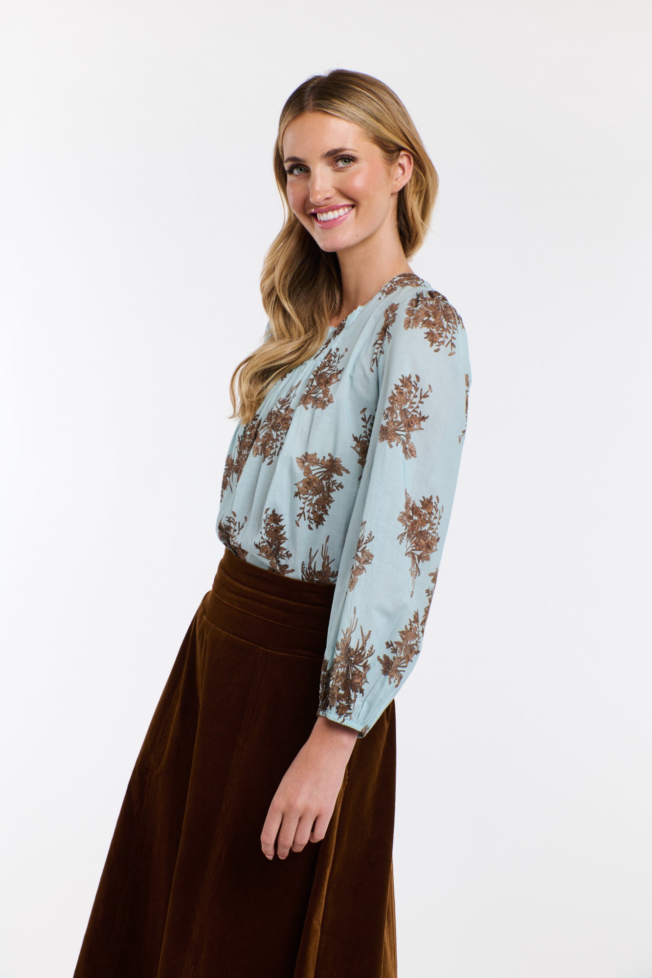 Madeleine Pintuck Top Sky Blue Floral