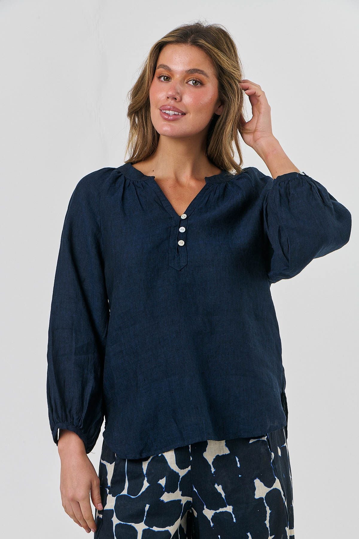Linen Top with Front Button Detail Midnight