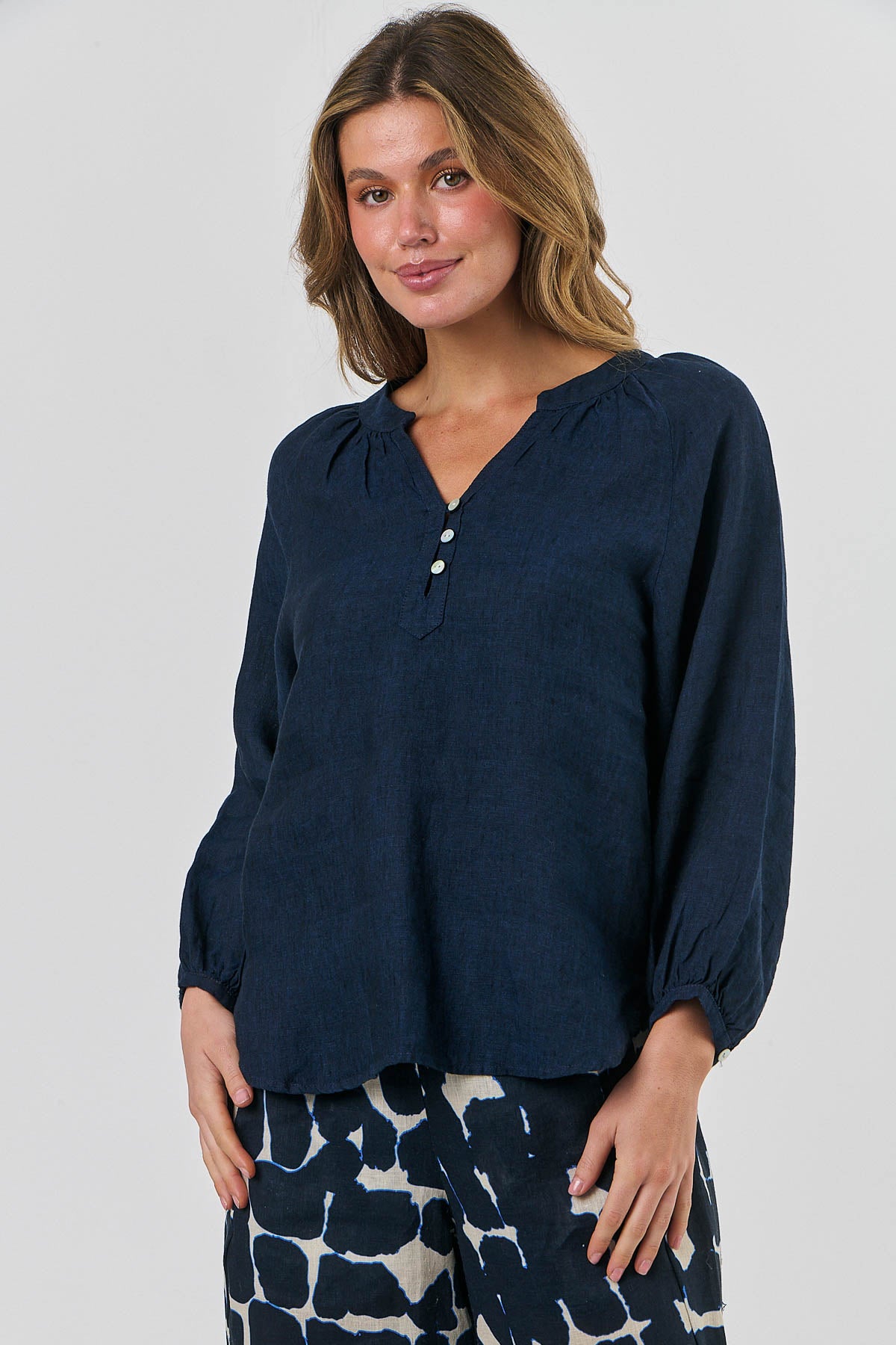 Linen Top with Front Button Detail Midnight
