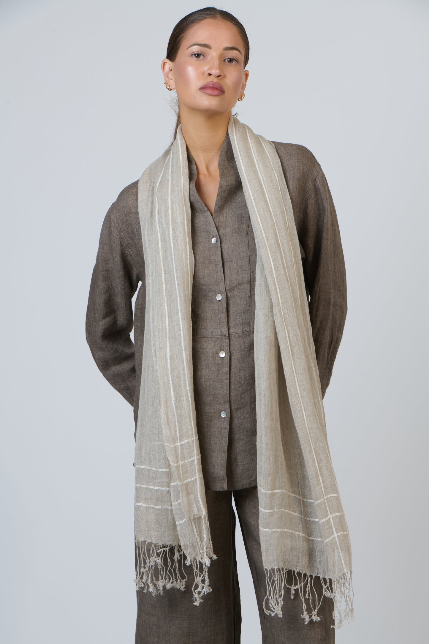 Scarf Taupe with White Lines LN26-9