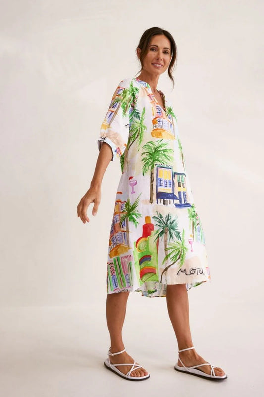 100% Linen 3/4 sleeve Shirtmaker Dress Motel Print