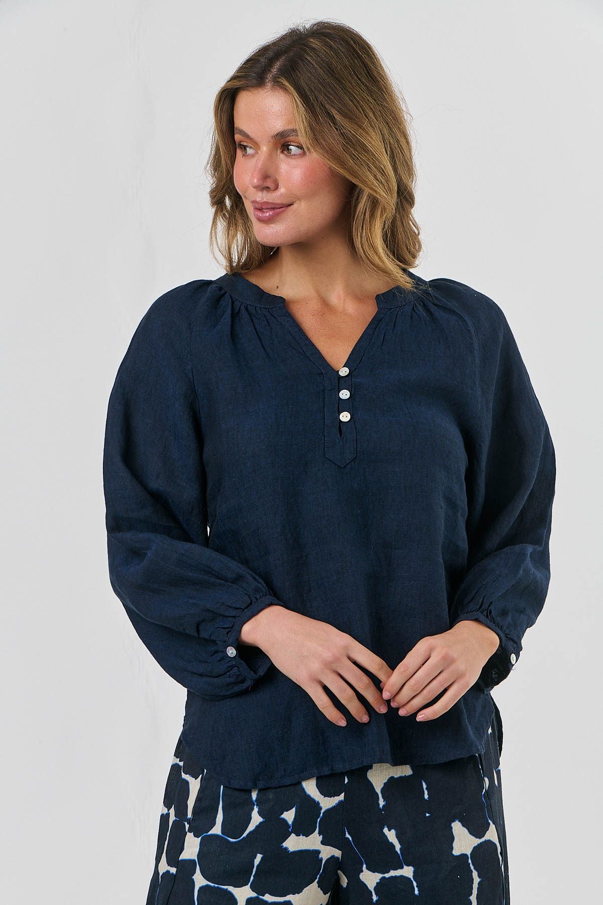 Linen Top with Front Button Detail Midnight