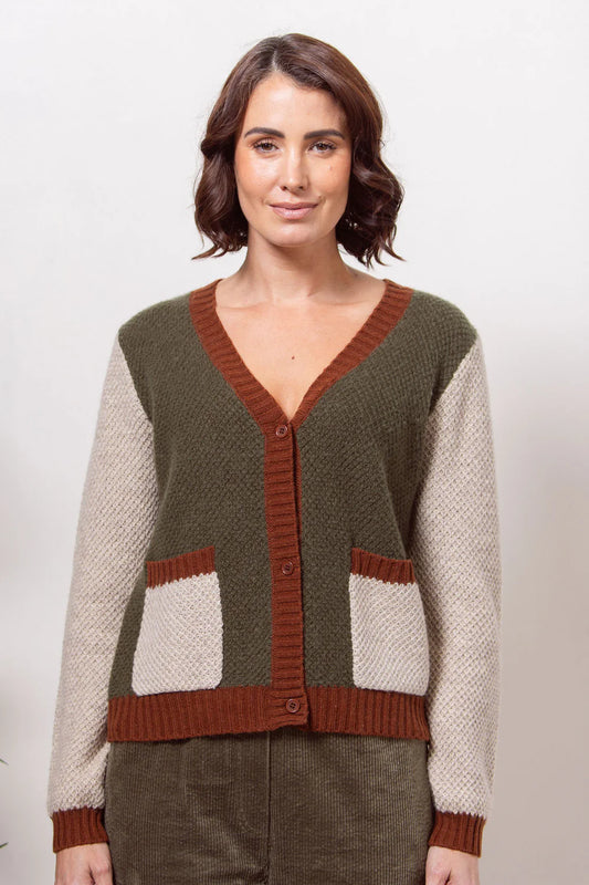 SS683K Spliced Moss Stitch Cardi Khaki Combo