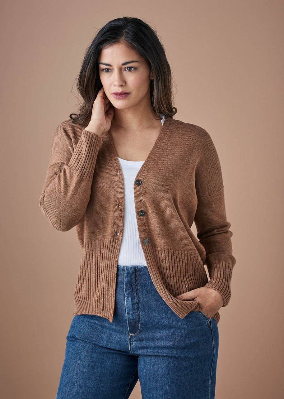 Edith V Neck Jersey Cardigan in Merino Wool Gingerbread