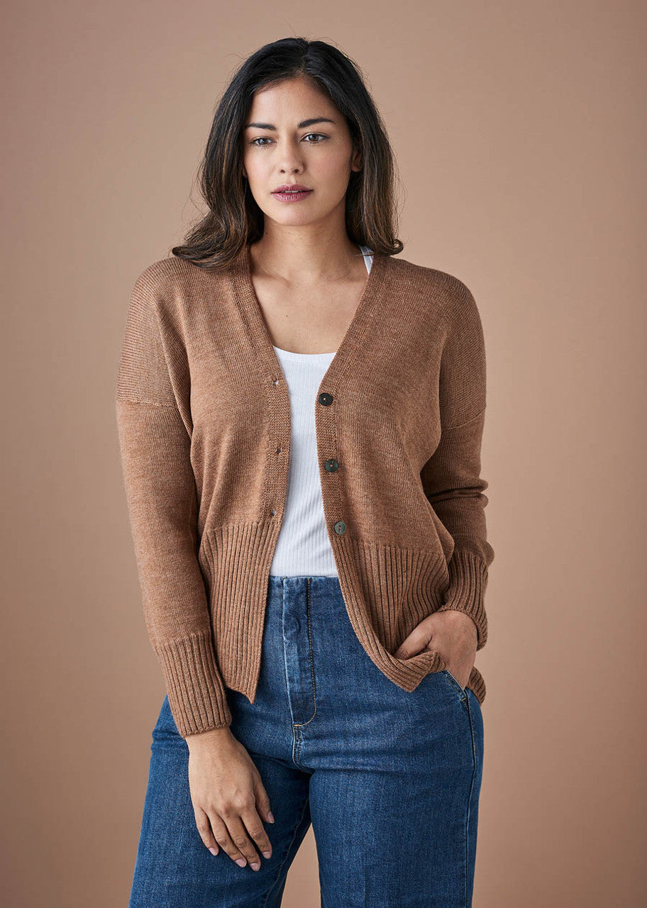 Edith V Neck Jersey Cardigan in Merino Wool Gingerbread