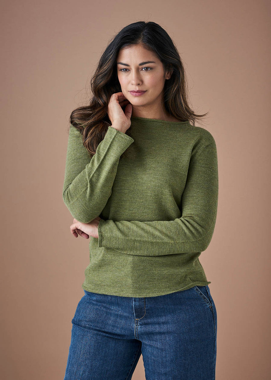 Phoebe Fine Jersey Crew Top In Merino Wool Fern