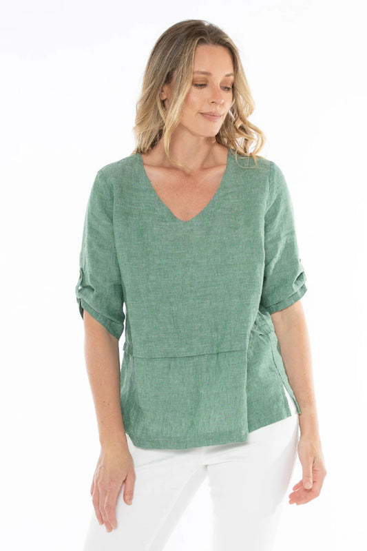 V Neck Tab Sleeve Top Honeydew