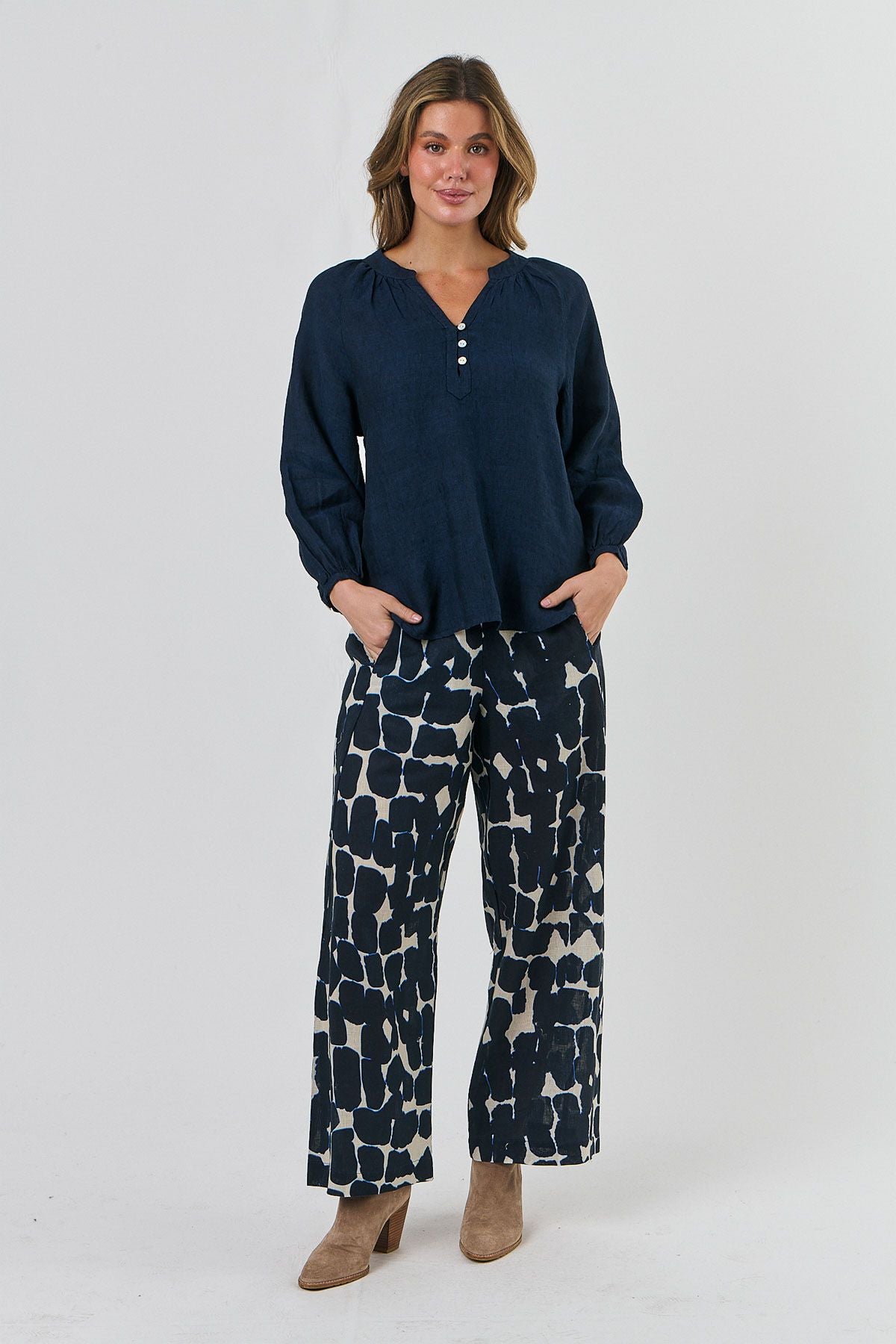 Linen Top with Front Button Detail Midnight