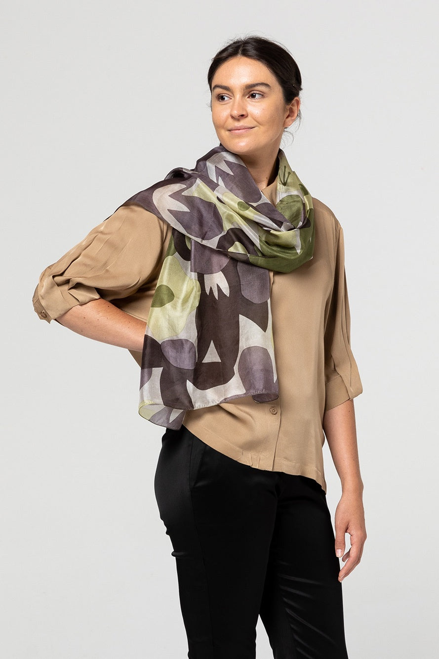 Indus Silk Scarf Frangipani Coffee/Indigo/Lake