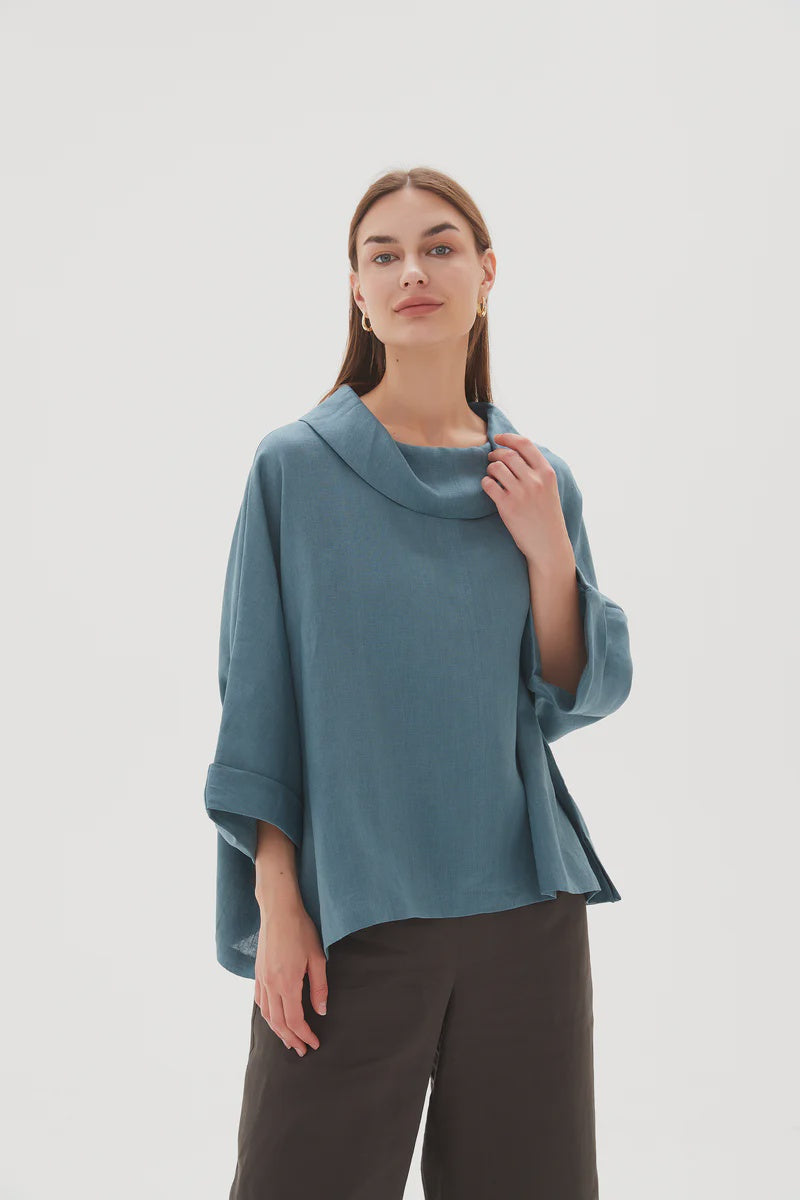 Tirelli Funnel Neck Top Washed Blue