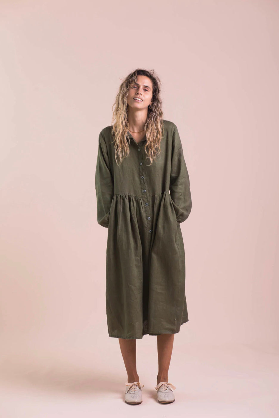 Lazybones Becky Long Sleeve Linen Dress in Olive