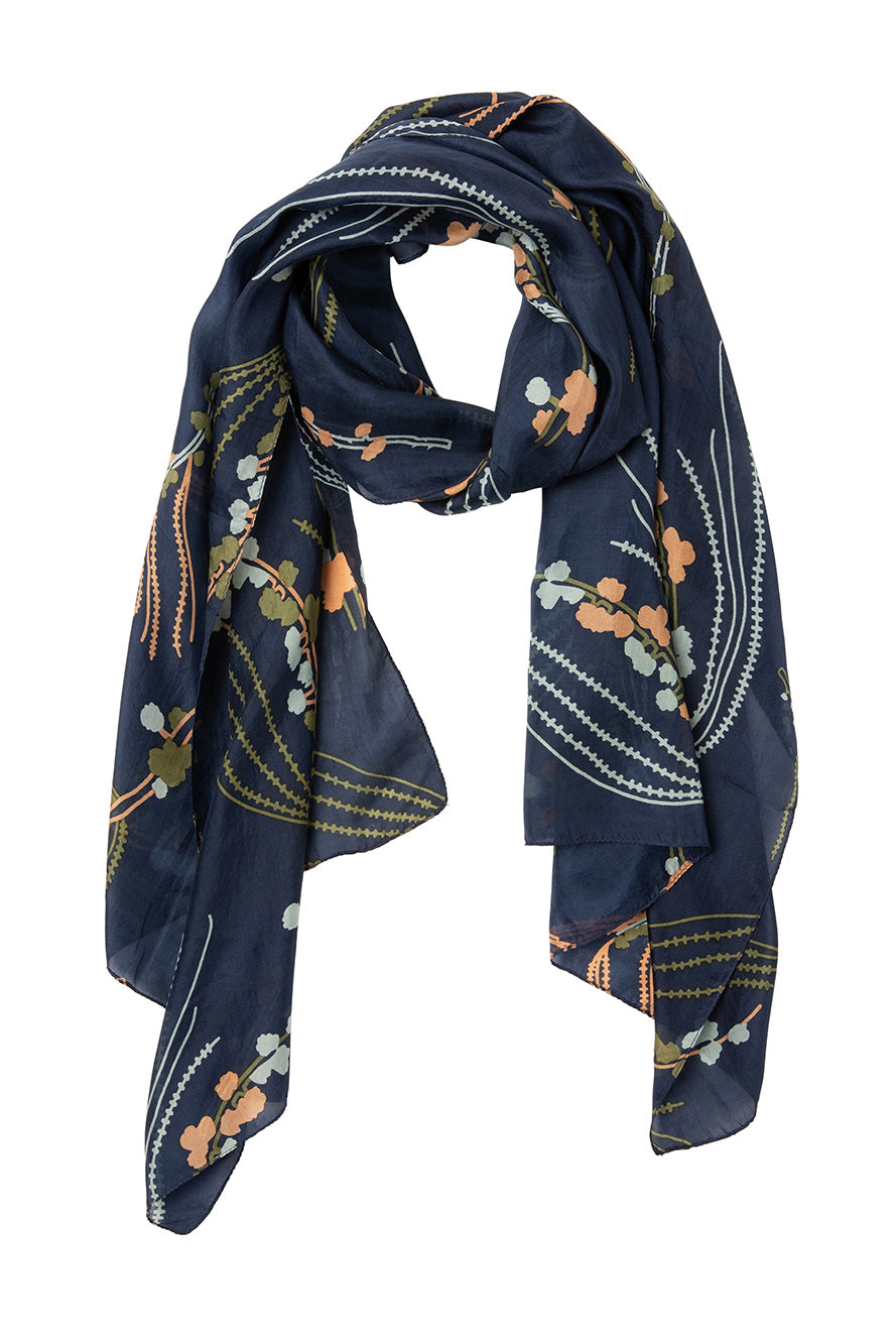 Indus Silk Scarf She-Oak Tree Indigo/Peach/Olive