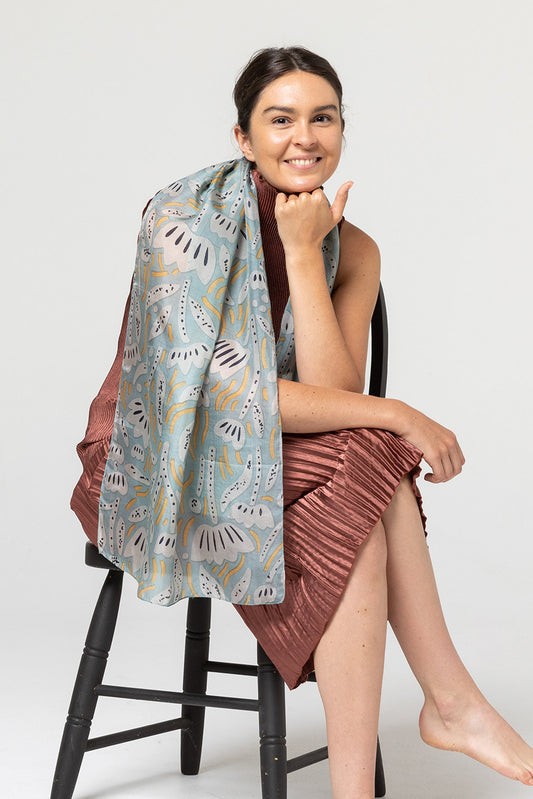 Indus Silk Scarf Bush Daisy Lake/Butter/Indigo