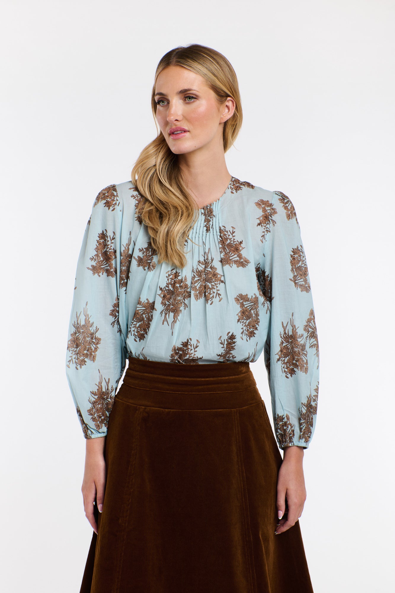 Madeleine Pintuck Top Sky Blue Floral