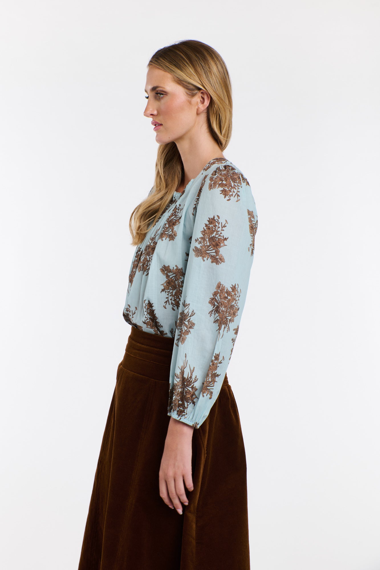 Madeleine Pintuck Top Sky Blue Floral