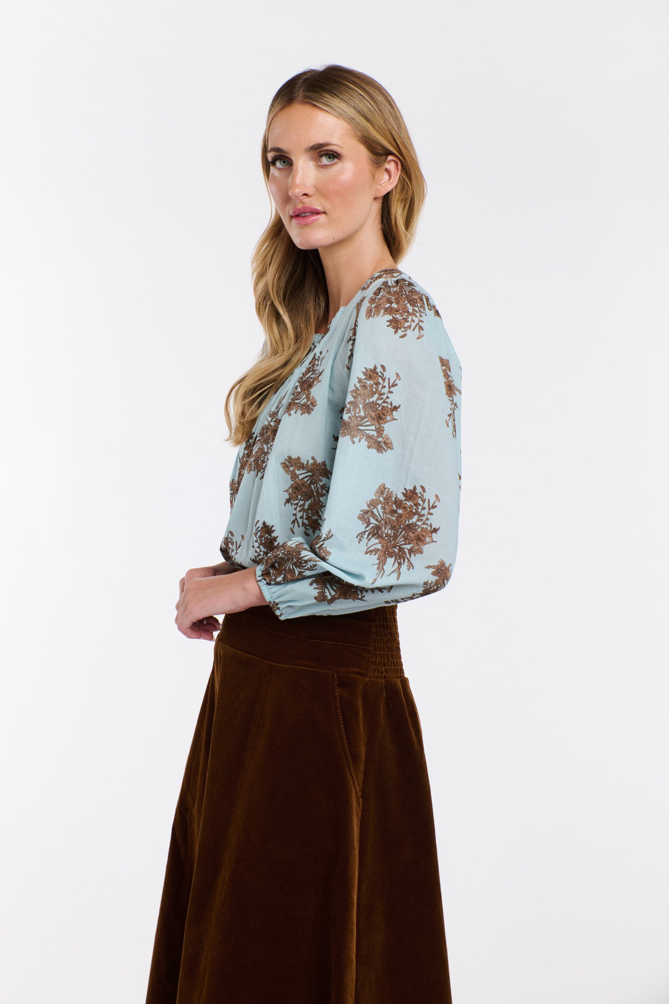 Madeleine Pintuck Top Sky Blue Floral