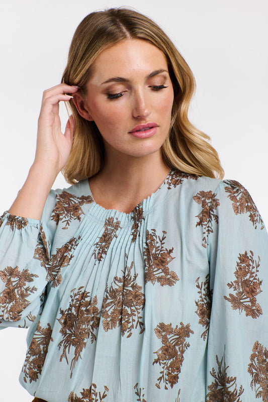Madeleine Pintuck Top Sky Blue Floral