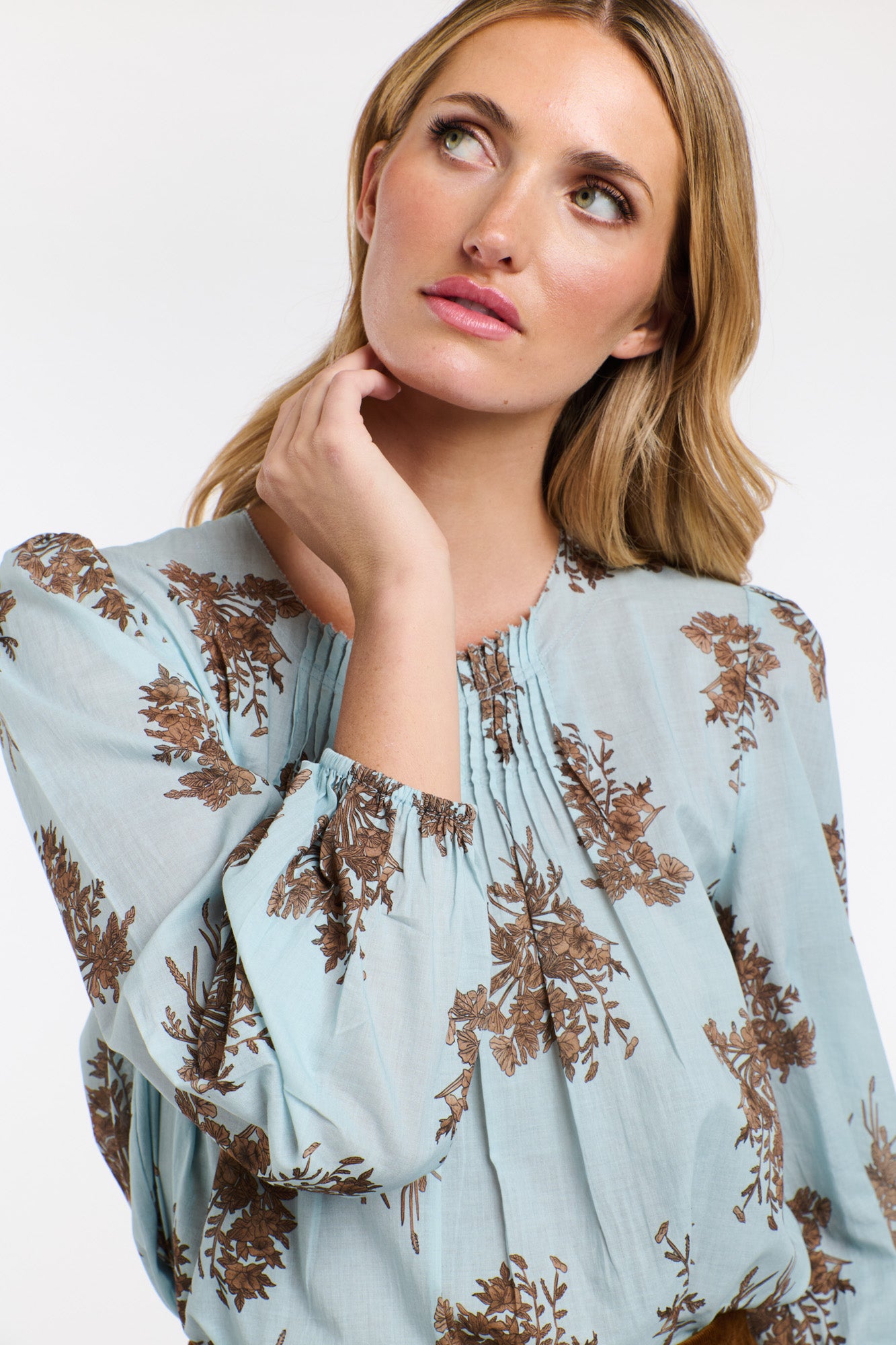 Madeleine Pintuck Top Sky Blue Floral