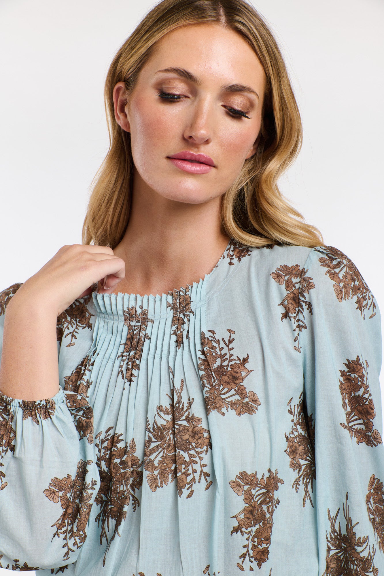 Madeleine Pintuck Top Sky Blue Floral