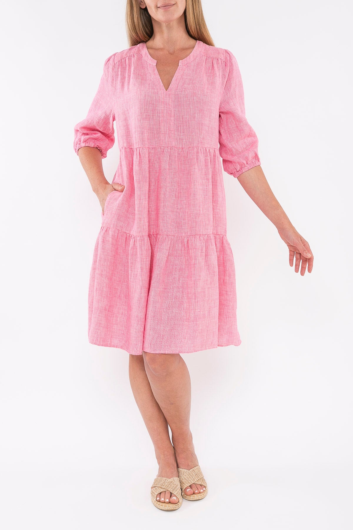 Jump Mini Check Tiered Dress Fuchsia