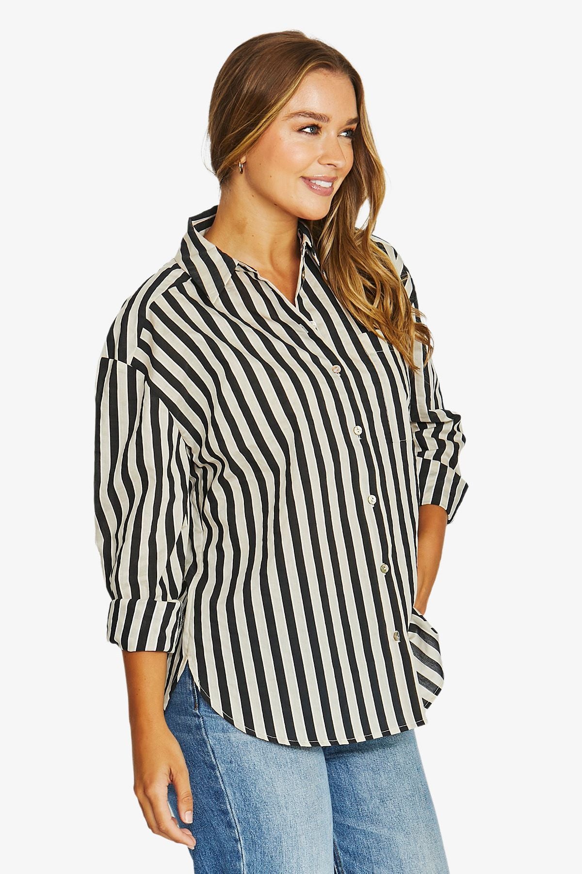 Ribbon Stripe L/S Shirt Black/Ecru