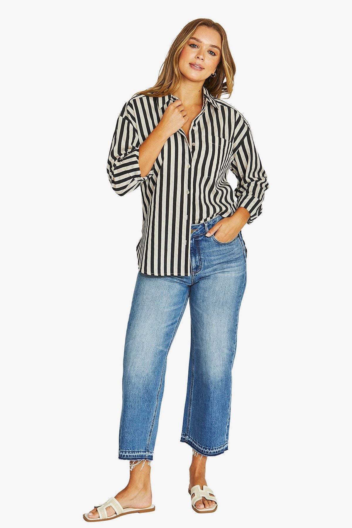 Ribbon Stripe L/S Shirt Black/Ecru