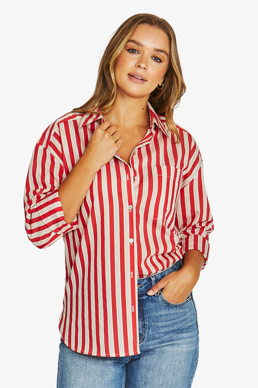 Ribbon Stripe L/S Shirt Red/Ecru