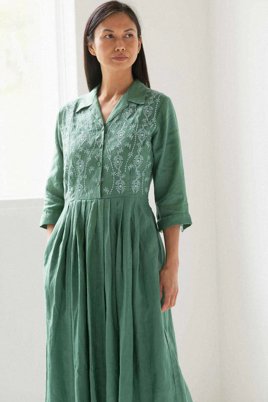 Gianna Linen Dress in Evergreen