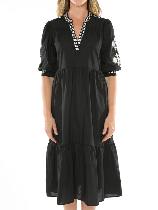 Flower Embroidery Dress Black