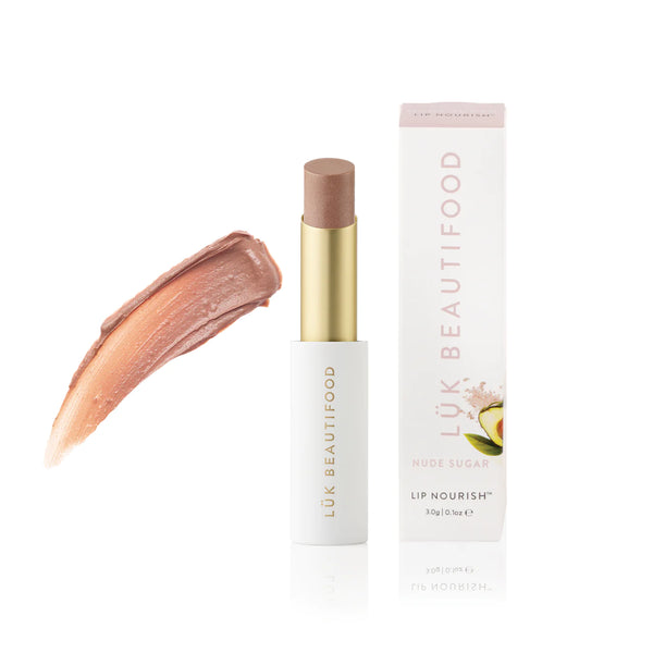 Luk Lip Nourish - Nude Sugar  100% natural lipstick  3g / 0.1 fl oz soft-touch stick, magnetic close | Made in Australia  Nude Sugar has a gentle shimmer that gives lips a light wash of kissable pink. Available at ivyandgrace.com.au