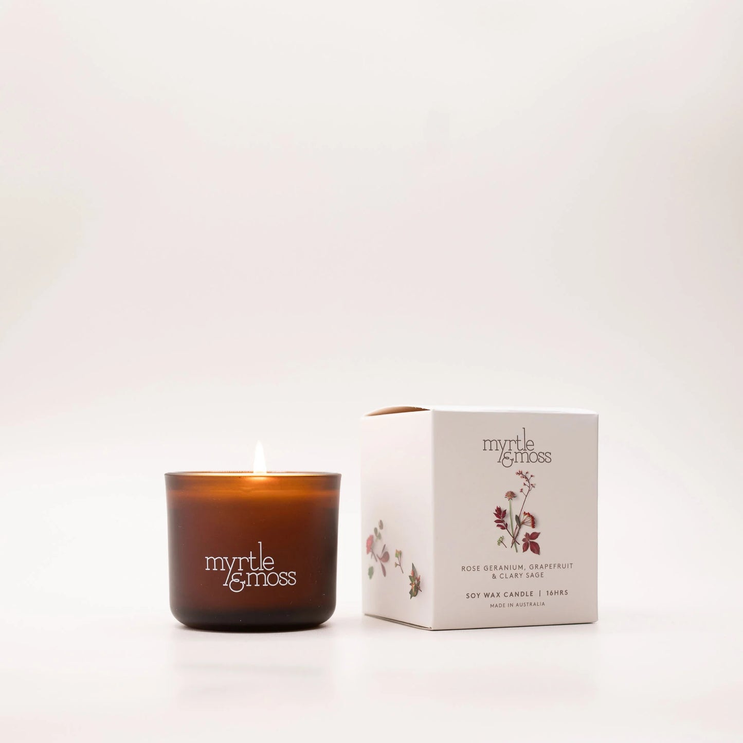 Soy Wax Candle / Mini 16HR Rose Geranium, Grapefruit & Clary Sage