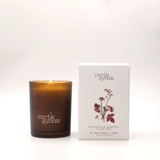 Soy Wax Candle / Large 50HR Rose Geranium Grapefruit & Clary Sage
