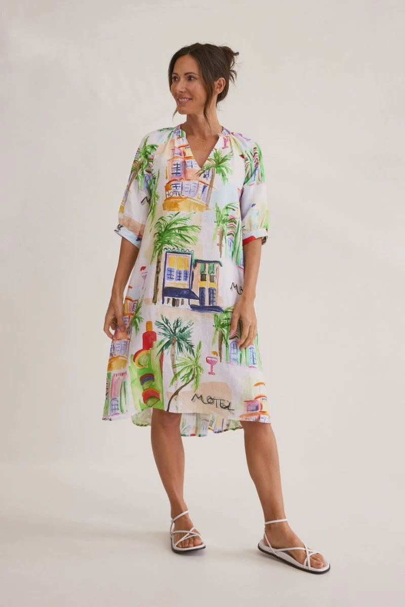 100% Linen 3/4 sleeve Shirtmaker Dress Motel Print