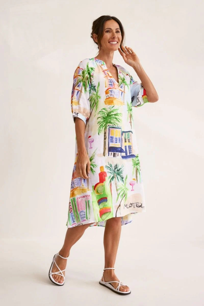 100% Linen 3/4 sleeve Shirtmaker Dress Motel Print