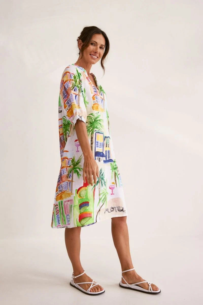 100% Linen 3/4 sleeve Shirtmaker Dress Motel Print