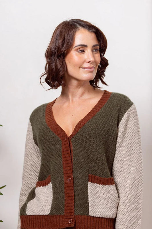 SS683K Spliced Moss Stitch Cardi Khaki Combo