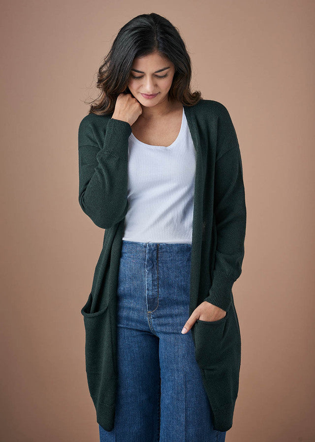 Loni Long Line Cardigan in Merino Wool Seaweed