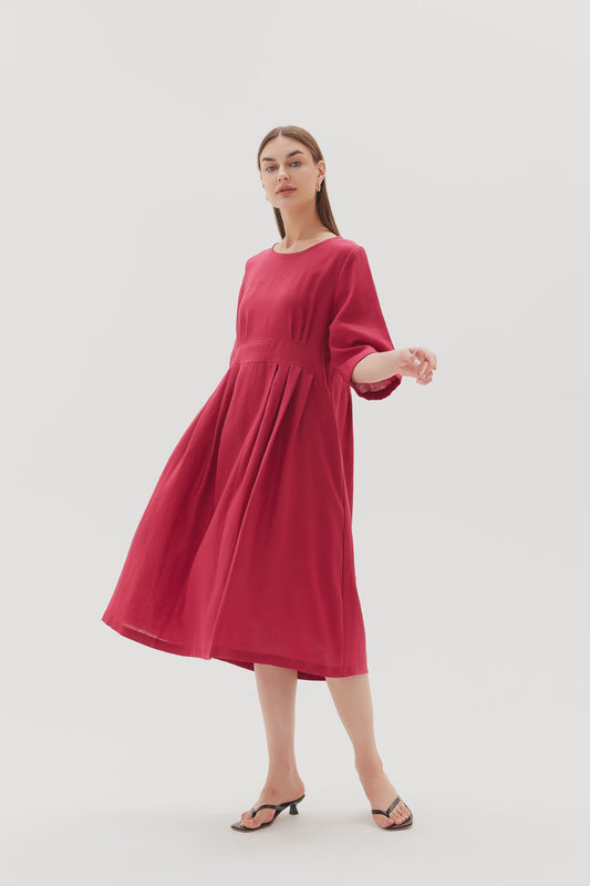 Pleat Front Bell Sleeve Dress Crimson Pink