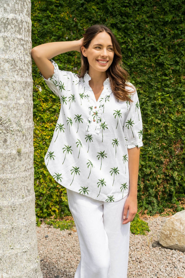 See Saw 100% linen 3/4 Sleeve Ruffle Top Paradise Palm Print