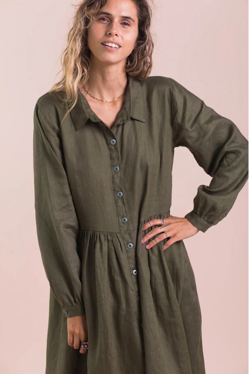 Lazybones Becky Long Sleeve  Linen Dress in Olive