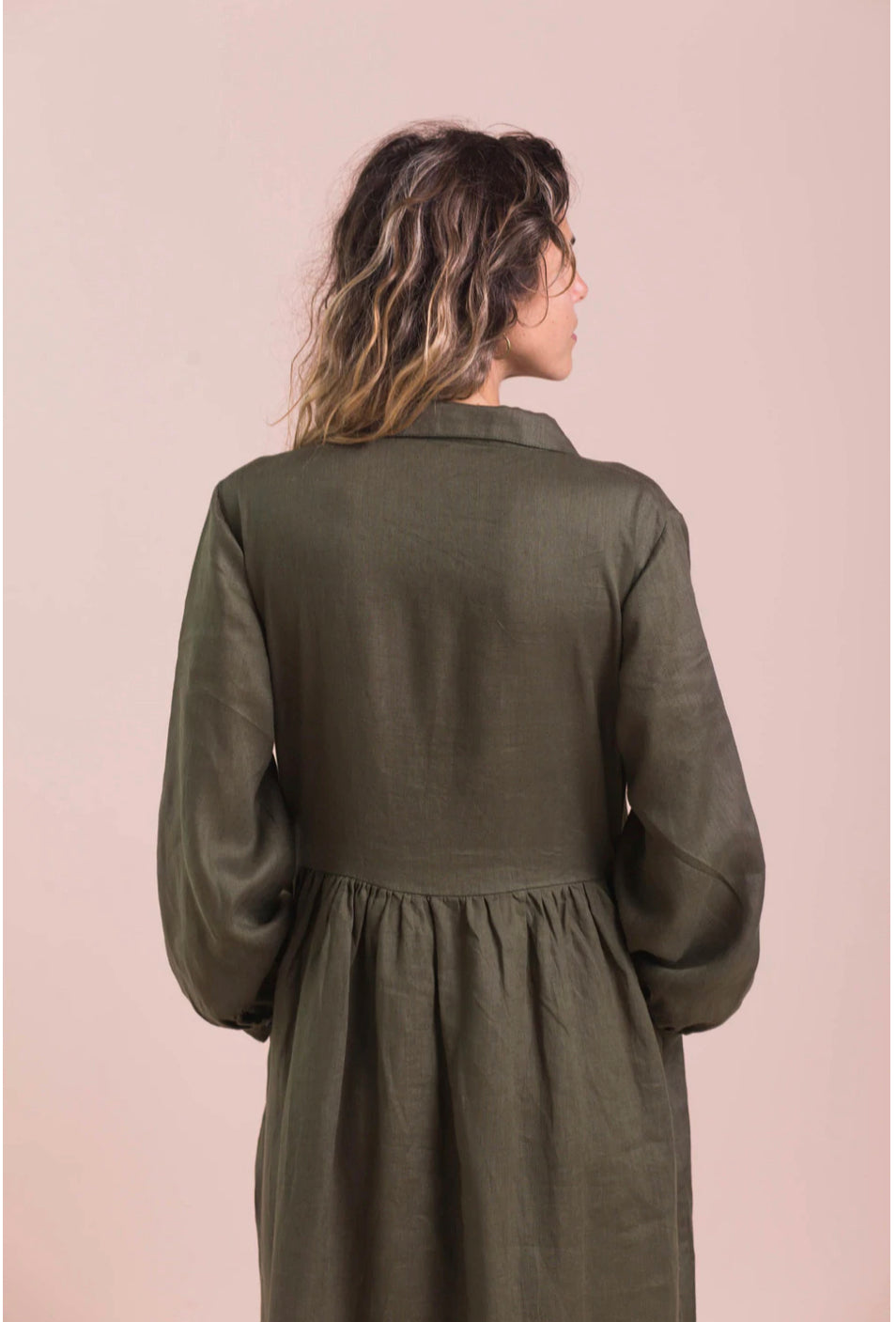 Lazybones Becky Long Sleeve  Linen Dress in Olive